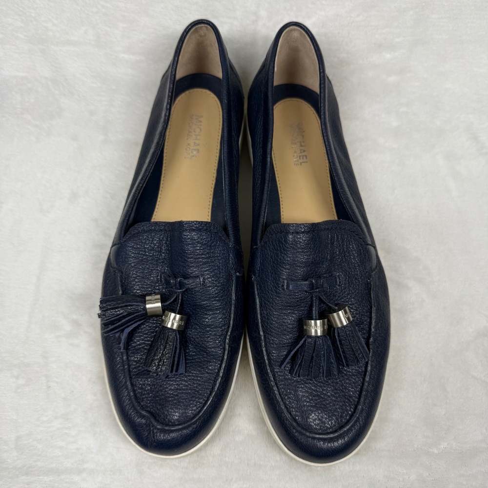 Michael Kors Navy Pebbled Leather Tassel Loafer Sneakers Silver Hardware Blue 7 - Picture 4 of 14